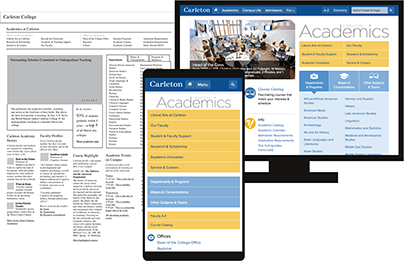 Wirefrme and mockups of the Carleton Academics page on desktop and mobile screens